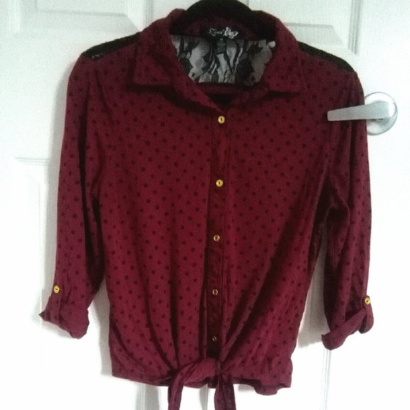 Lena Tops - Burgundy Lace Polka Dot Tie Top